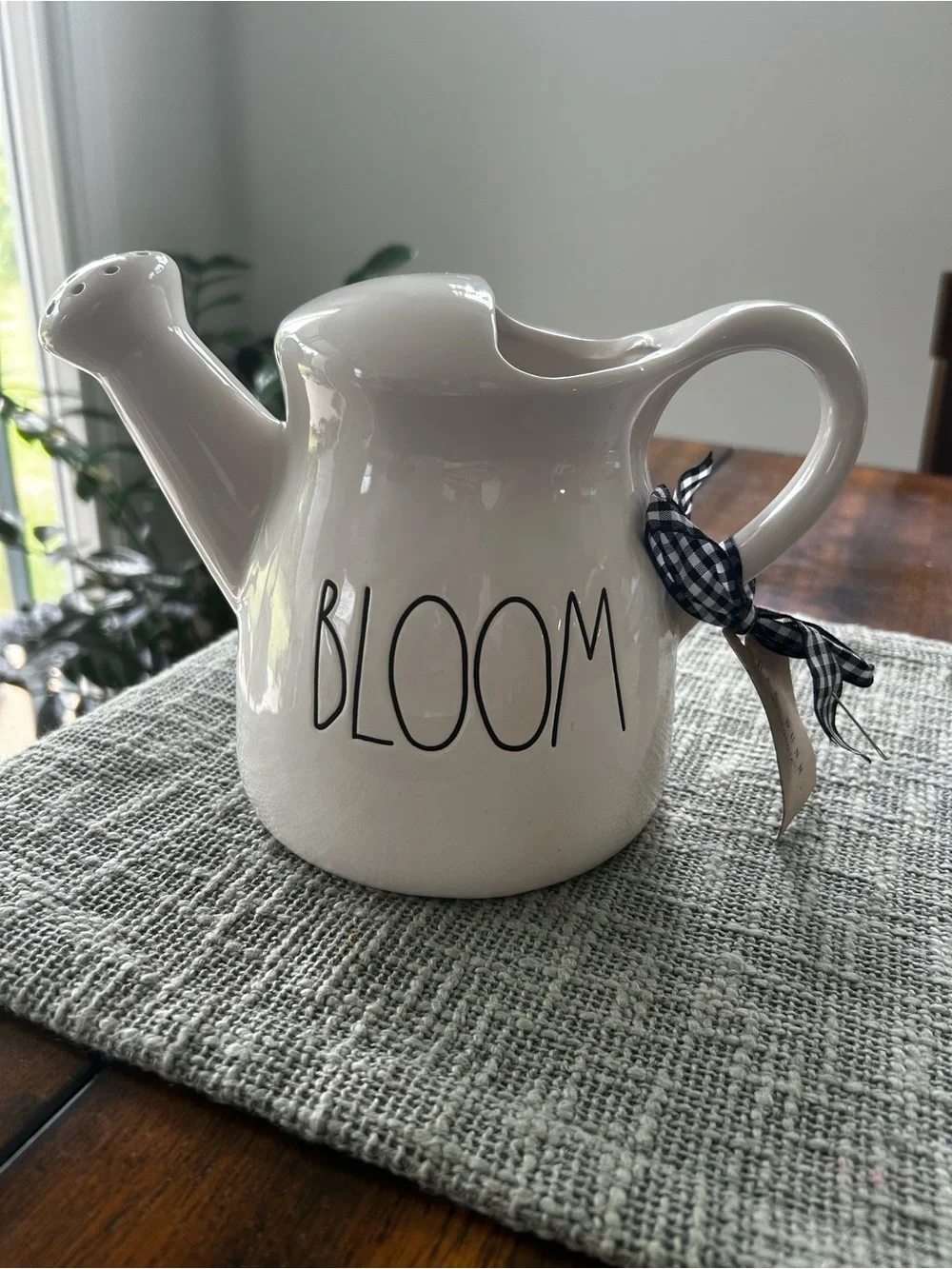 Rae Dunn White Ceramic Mug with Black Gingham Ribbon